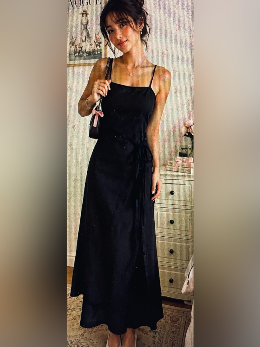 H&M Hennes Black Strap Maxi Dress Ramie Linen Look Belted Coquette Size 10